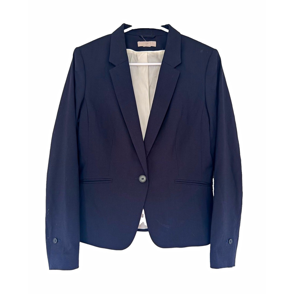 H&M Women's Navy Blue One Button Career Blazer Size 8 Lined Office Jacket